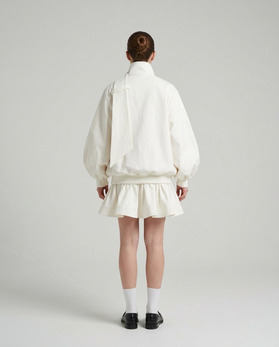 Warm Ivory White Peplum Jacket, back studio view, by Massicos