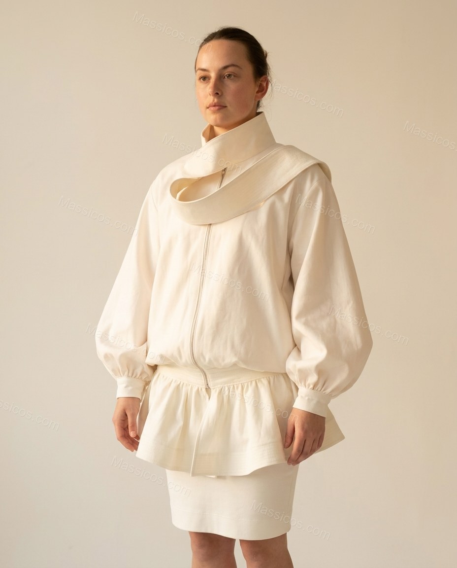 Warm Ivory White Peplum Jacket, full-length hero view, by Massicos