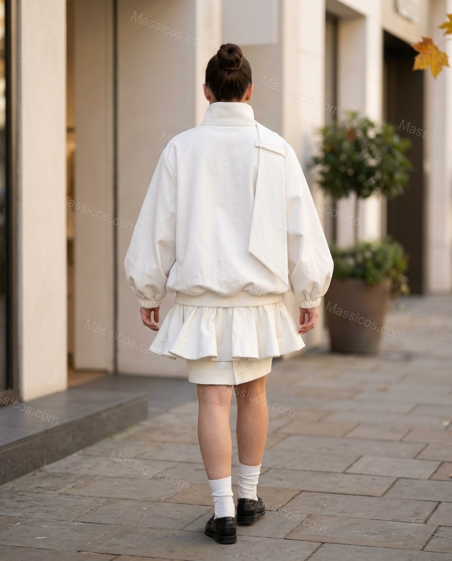 Warm Ivory White Peplum Jacket, walking lifestyle view, by Massicos