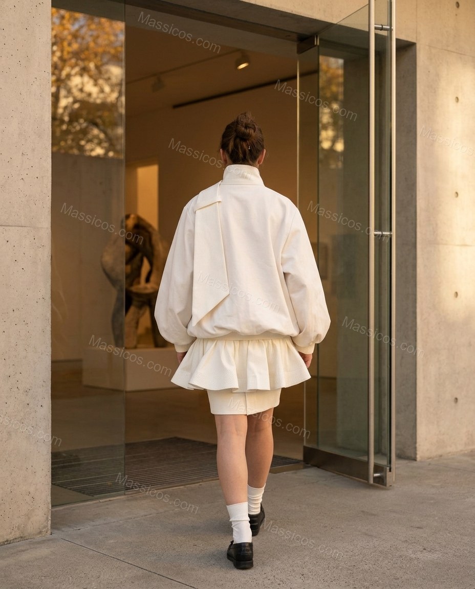 Warm Ivory White Peplum Jacket, three-quarter brand lifestyle view, by Massicos