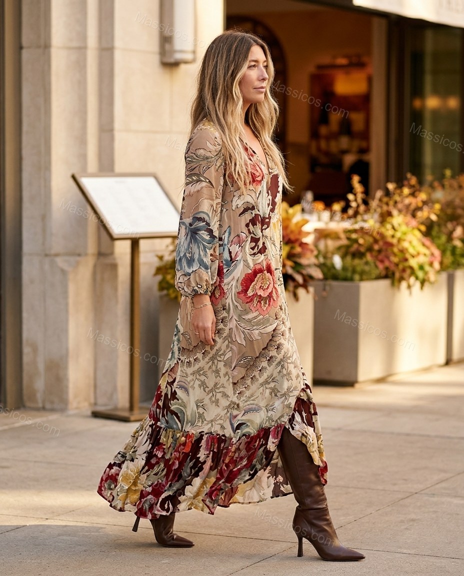 Beige Floral Maxi Ruffled Dress, walking lifestyle view, by Massicos