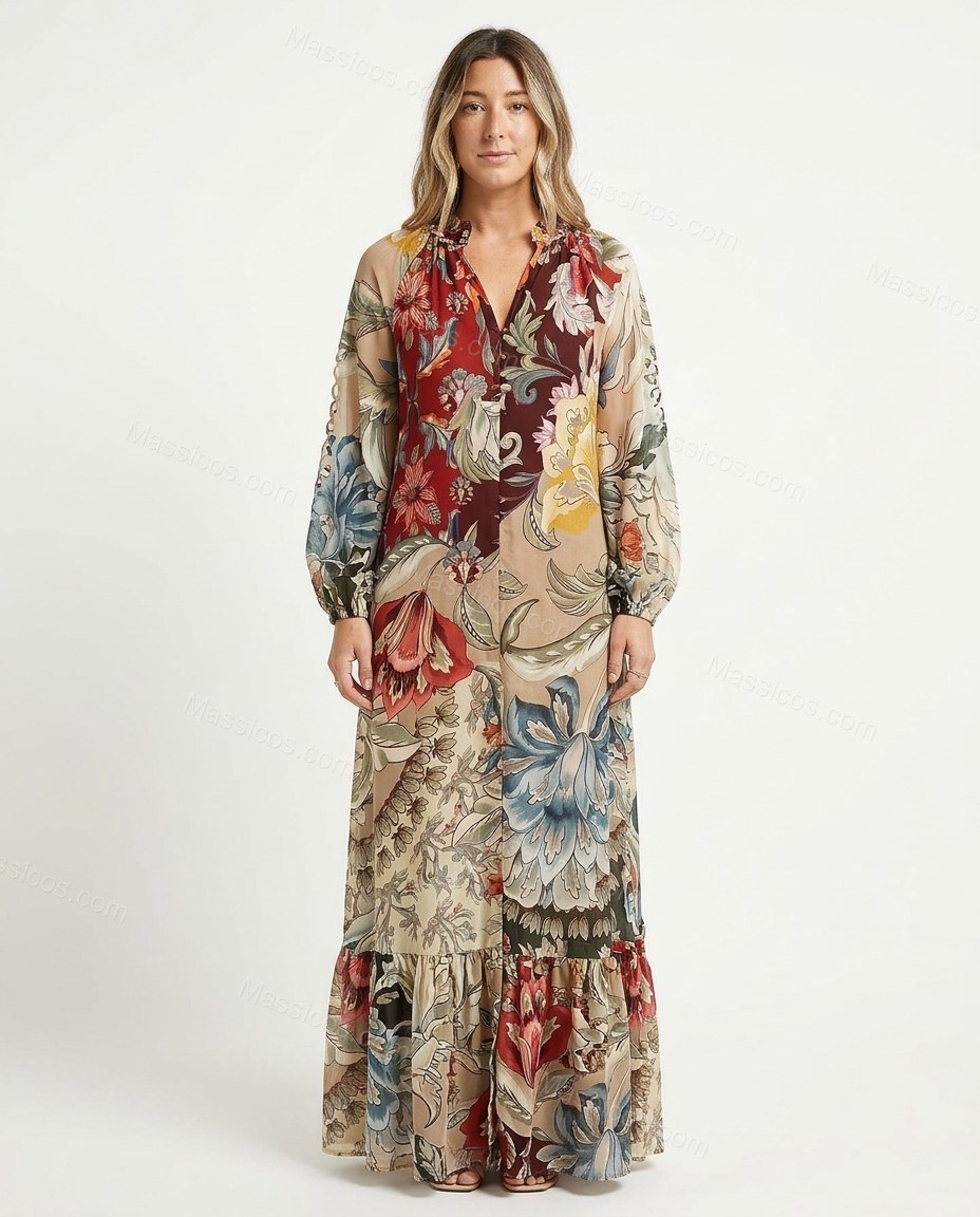 Beige Floral Maxi Ruffled Dress, front studio view, by Massicos