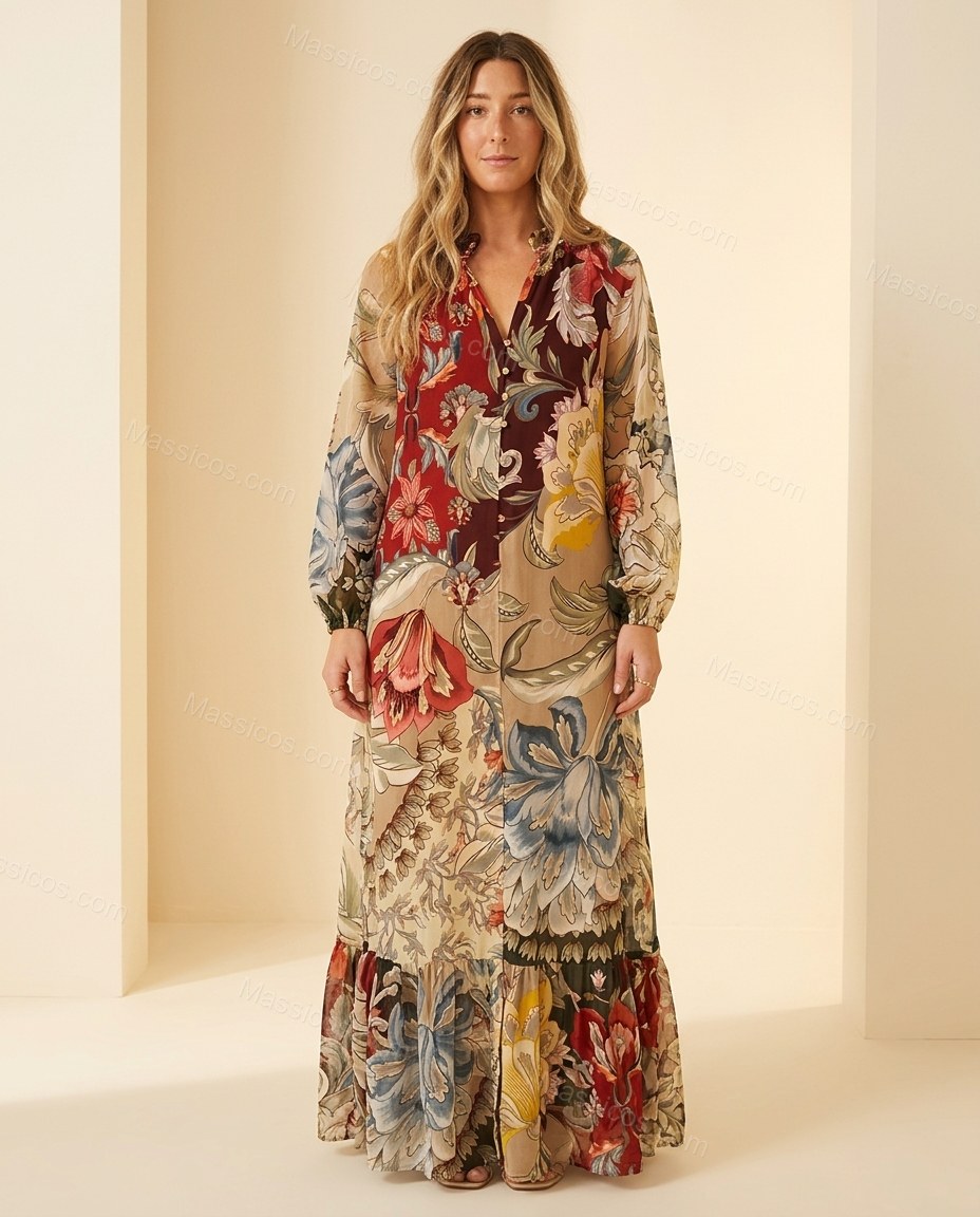 Beige Floral Maxi Ruffled Dress, full-length hero view, by Massicos