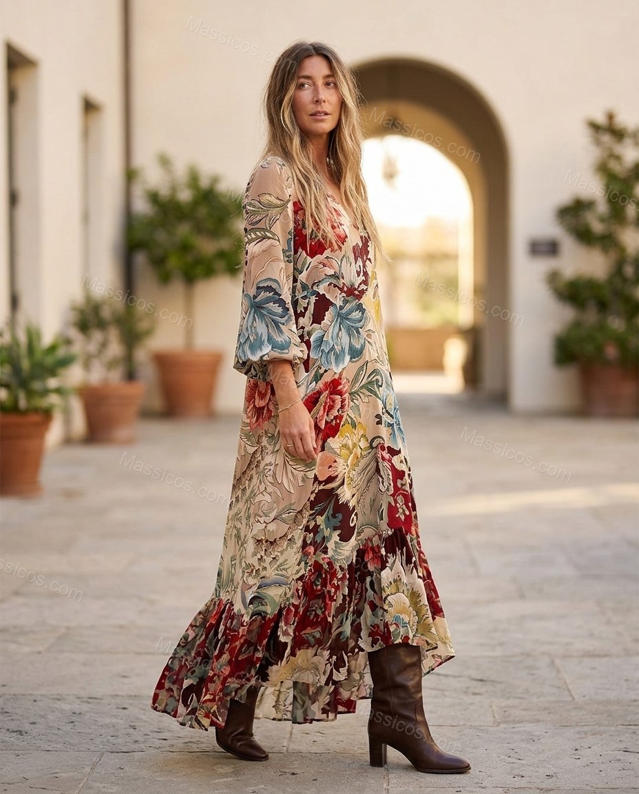 Beige Floral Maxi Ruffled Dress, alternate use-case lifestyle view, by Massicos
