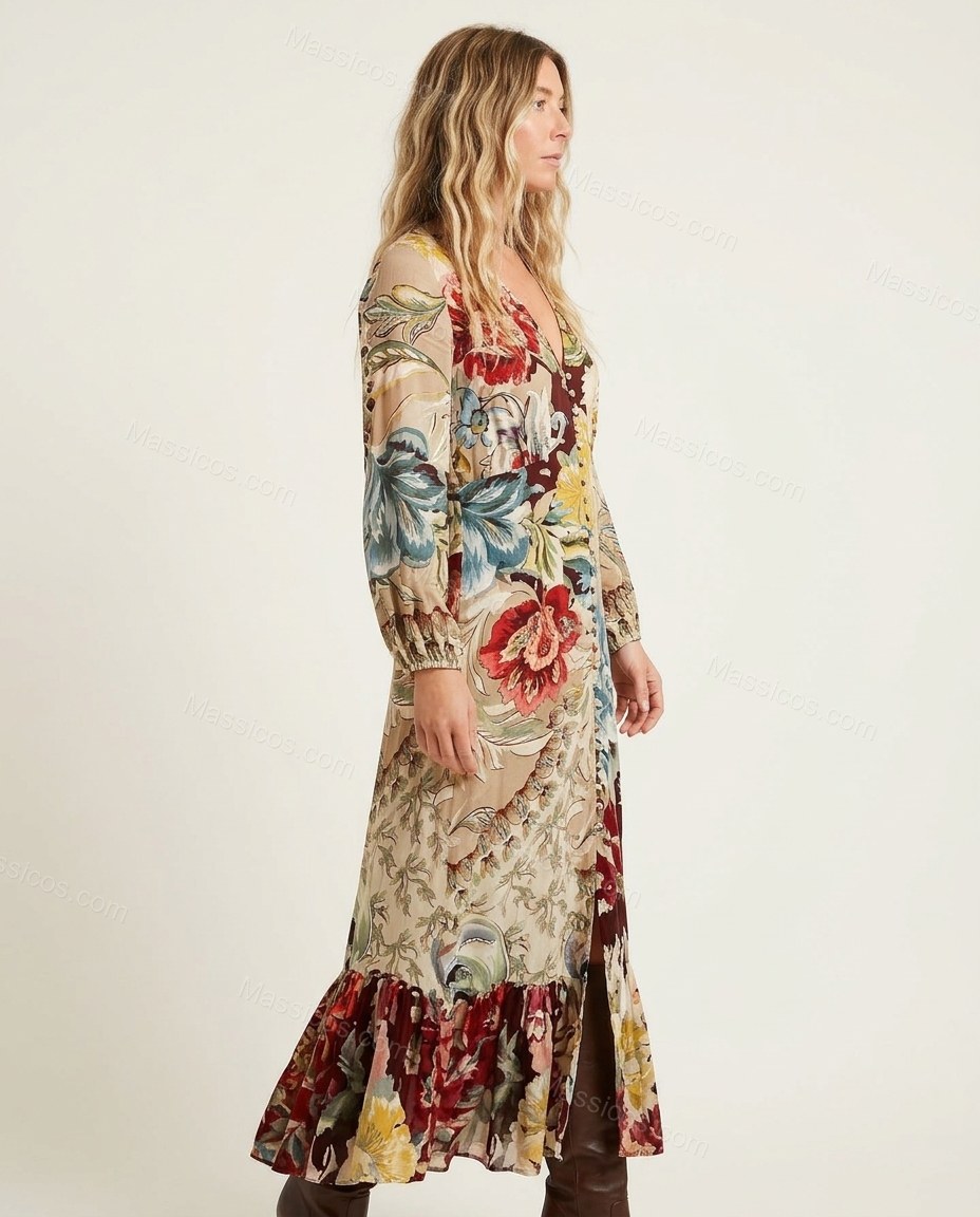 Beige Floral Maxi Ruffled Dress, side and back studio view, by Massicos