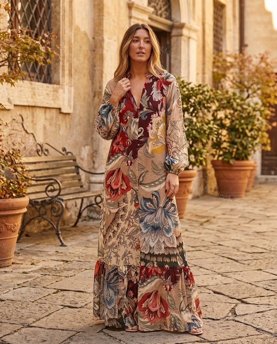 Beige Floral Maxi Ruffled Dress, three-quarter brand lifestyle view, by Massicos