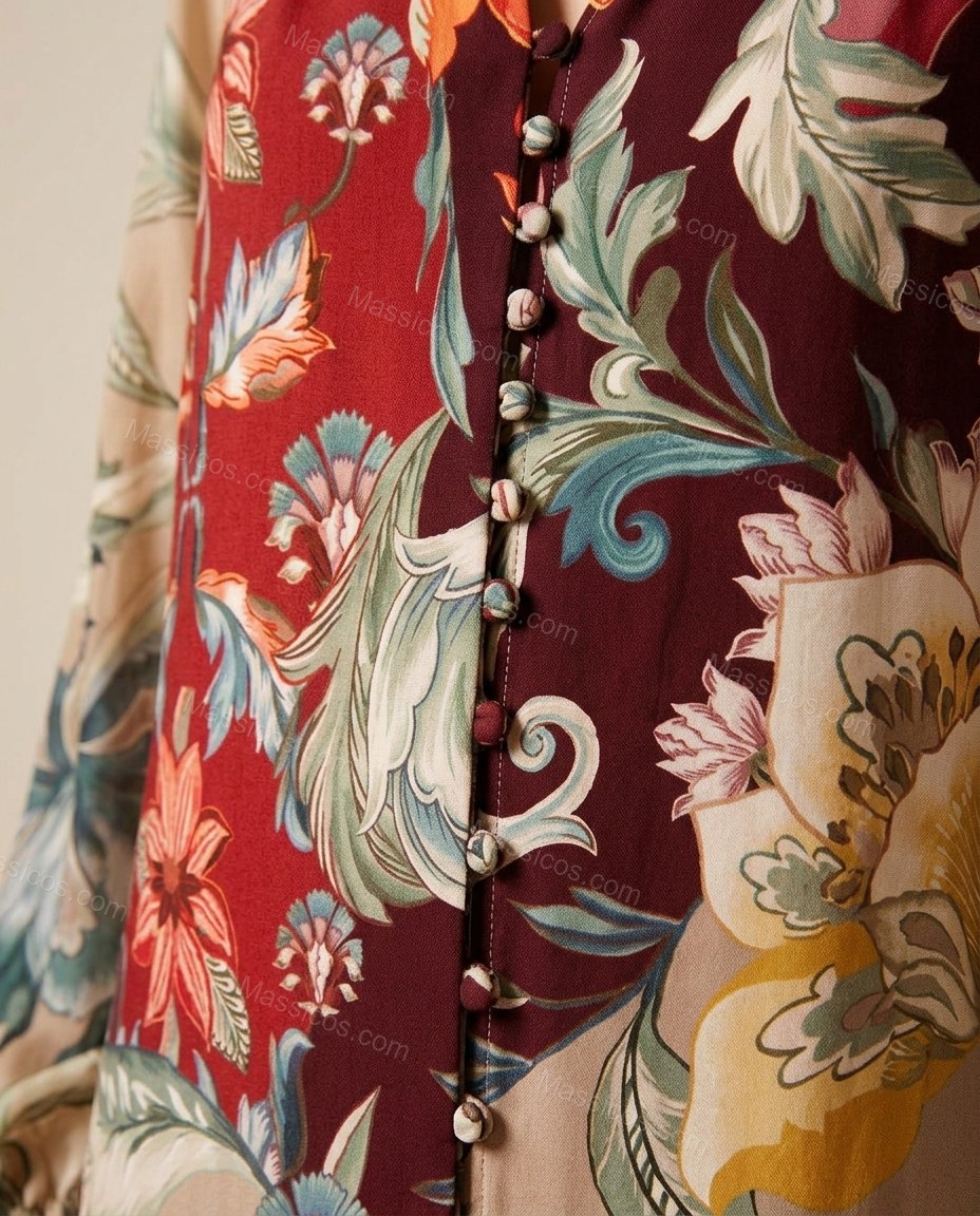 Beige Floral Maxi Ruffled Dress, close-up of floral, by Massicos