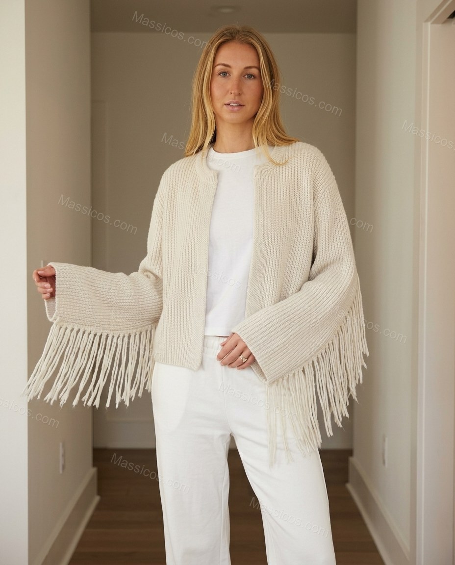 Warm Ivory Cream Fringe Knit Ribbed Cardigan, full-length hero view, by Massicos