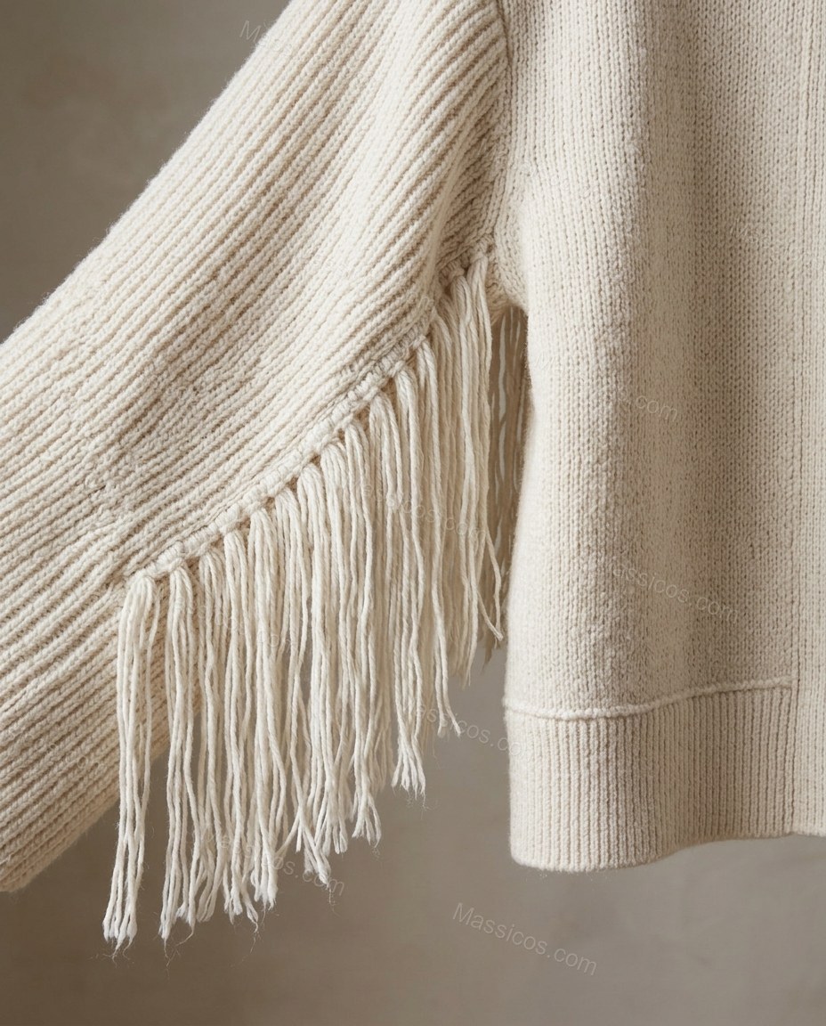 Warm Ivory Cream Fringe Knit Ribbed Cardigan, close-up of fringe trim, open front without a high collar and long wide sleeves with dramatic long fringe, by Massicos