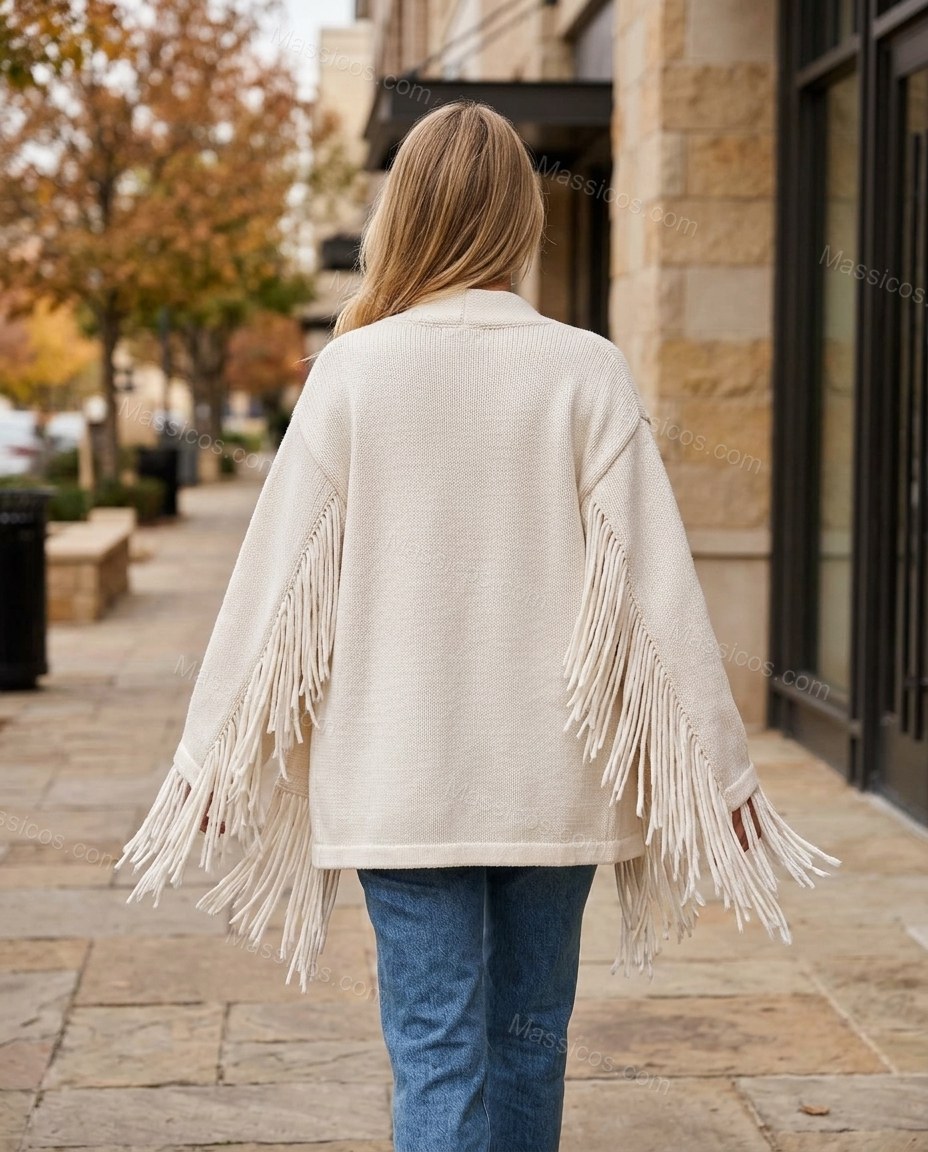 Warm Ivory Cream Fringe Knit Ribbed Cardigan, three-quarter brand lifestyle view, by Massicos