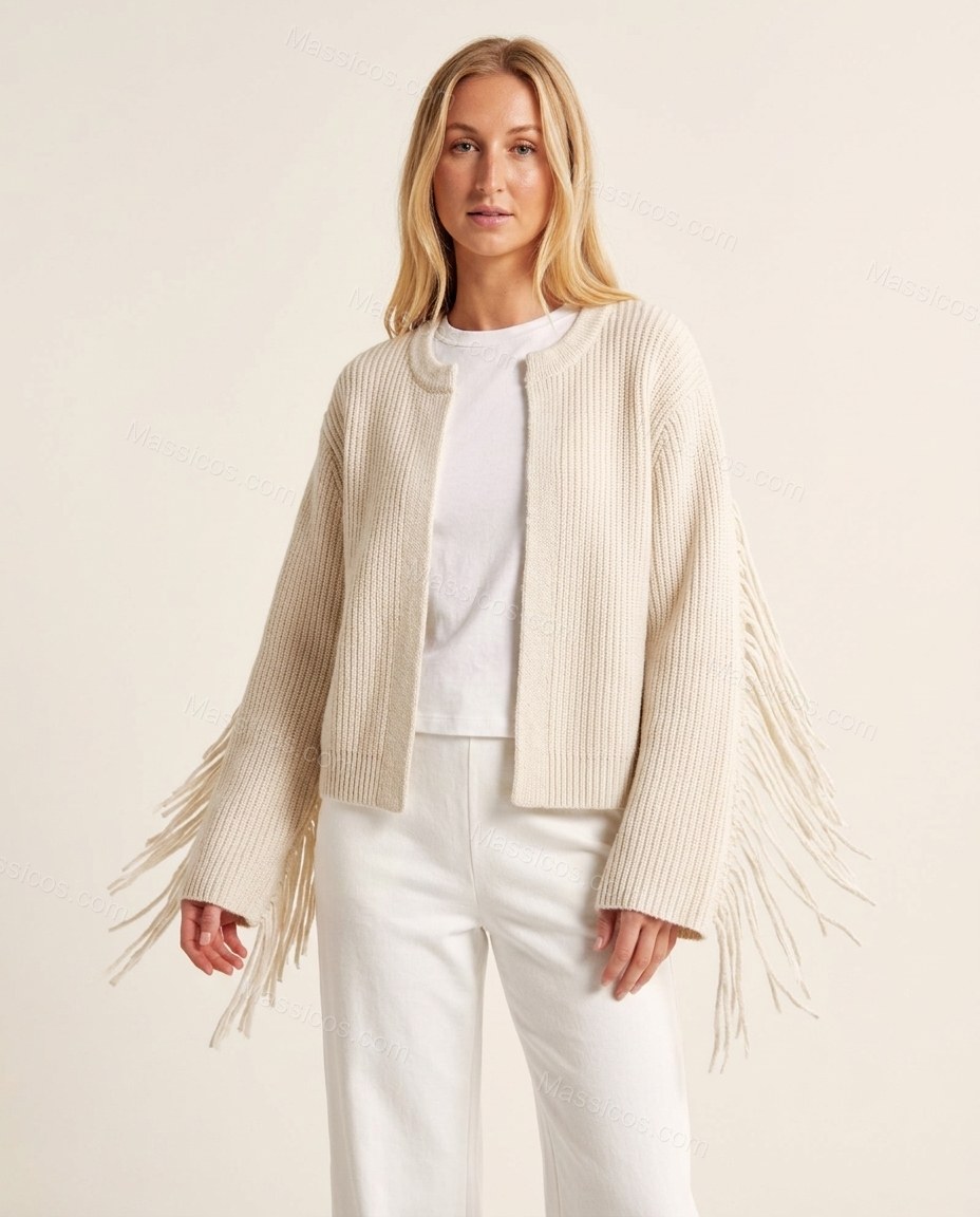 Warm Ivory Cream Fringe Knit Ribbed Cardigan, front studio view, by Massicos