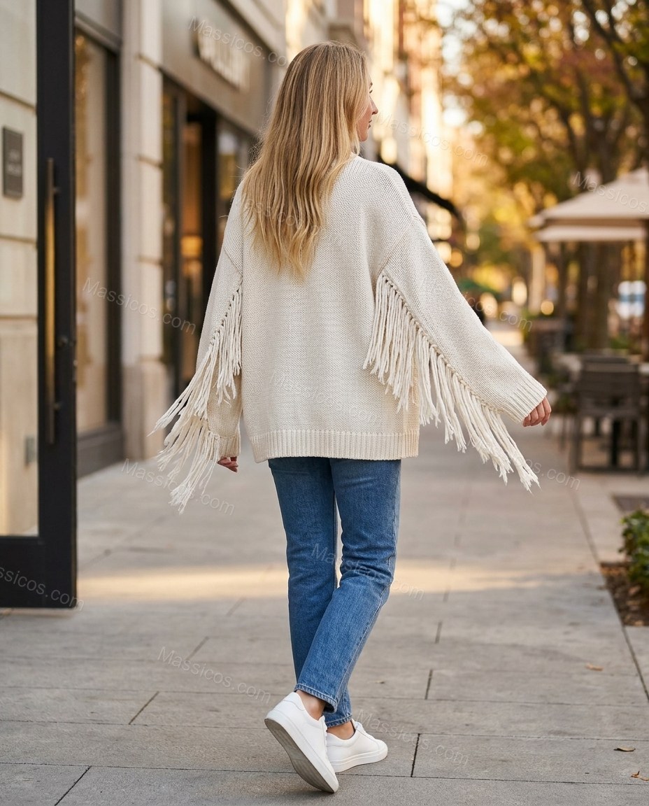 Warm Ivory Cream Fringe Knit Ribbed Cardigan, walking lifestyle view, by Massicos