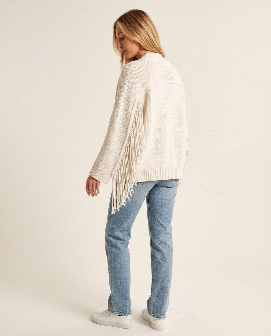 Warm Ivory Cream Fringe Knit Ribbed Cardigan, back studio view, by Massicos