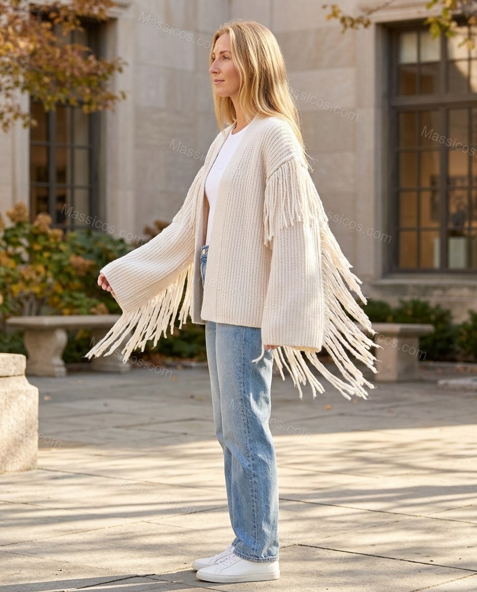 Warm Ivory Cream Fringe Knit Ribbed Cardigan, movement and fit lifestyle view, by Massicos