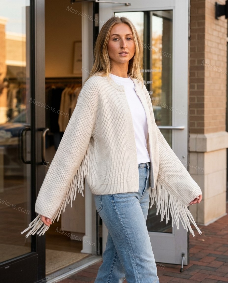 Warm Ivory Cream Fringe Knit Ribbed Cardigan, alternate use-case lifestyle view, by Massicos