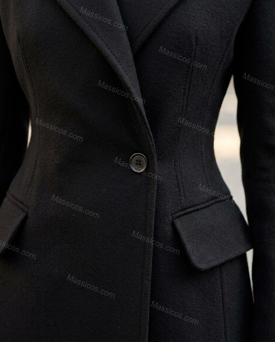 Deep Black with Slight Plum Coat, close-up of notched lapels, button-front closure and flap pockets, by Massicos