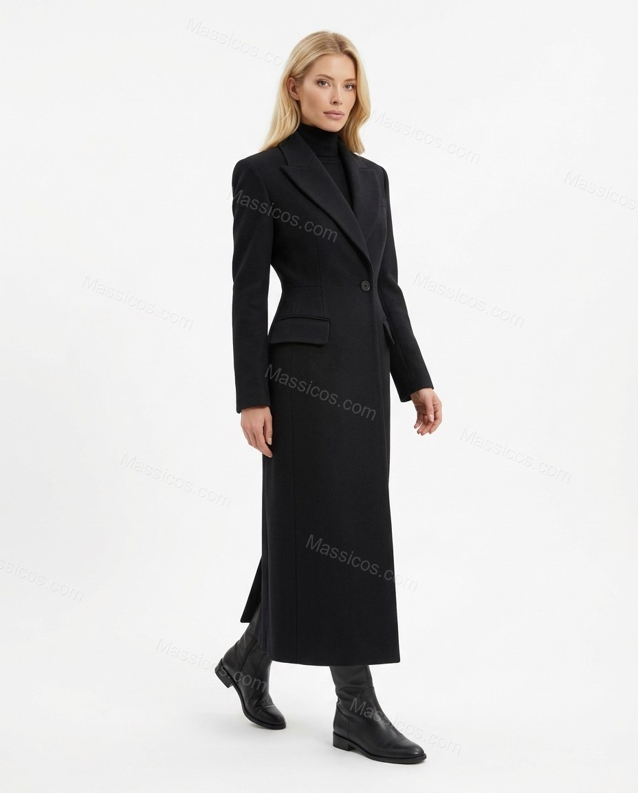 Deep Black with Slight Plum Coat, side and back studio view, by Massicos
