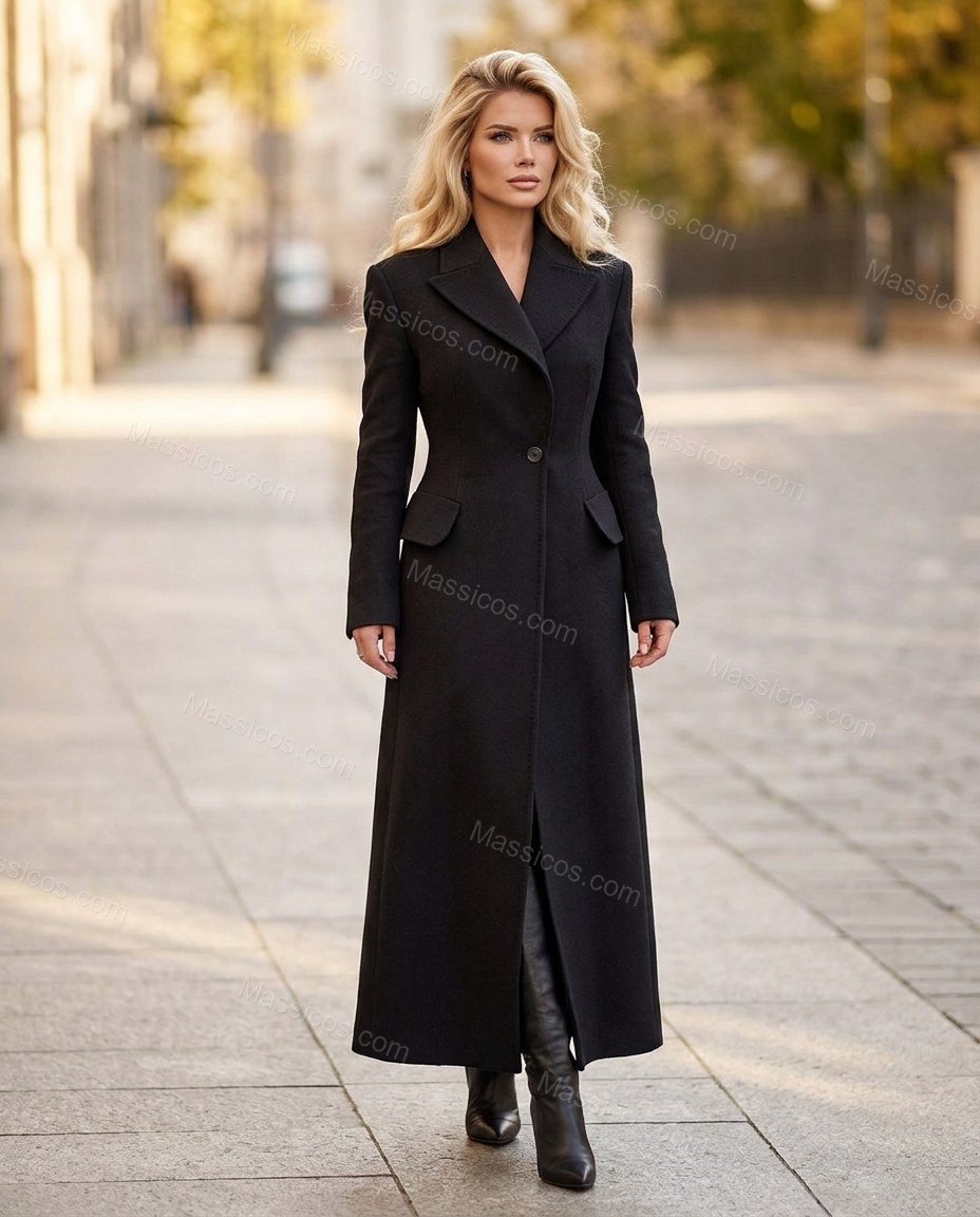 Deep Black with Slight Plum Coat, full-length hero view, by Massicos