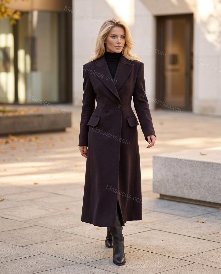 Deep Black with Slight Plum Coat, walking lifestyle view, by Massicos