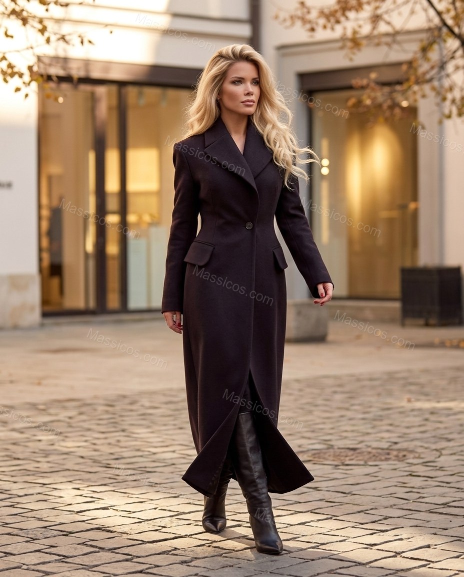 Deep Black with Slight Plum Coat, three-quarter brand lifestyle view, by Massicos