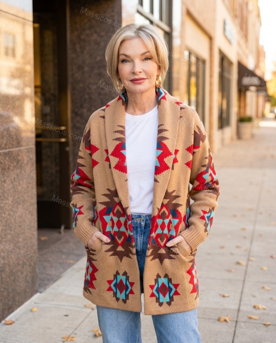 Camel Tan Geometric Knit Ribbed Cardigan, three-quarter brand lifestyle view, by Massicos