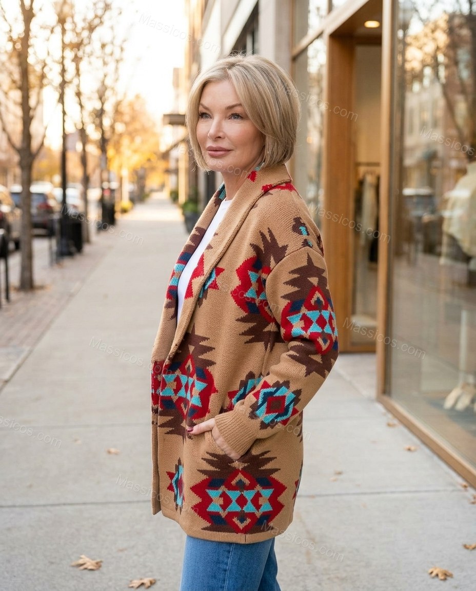 Camel Tan Geometric Knit Ribbed Cardigan, alternate use-case lifestyle view, by Massicos