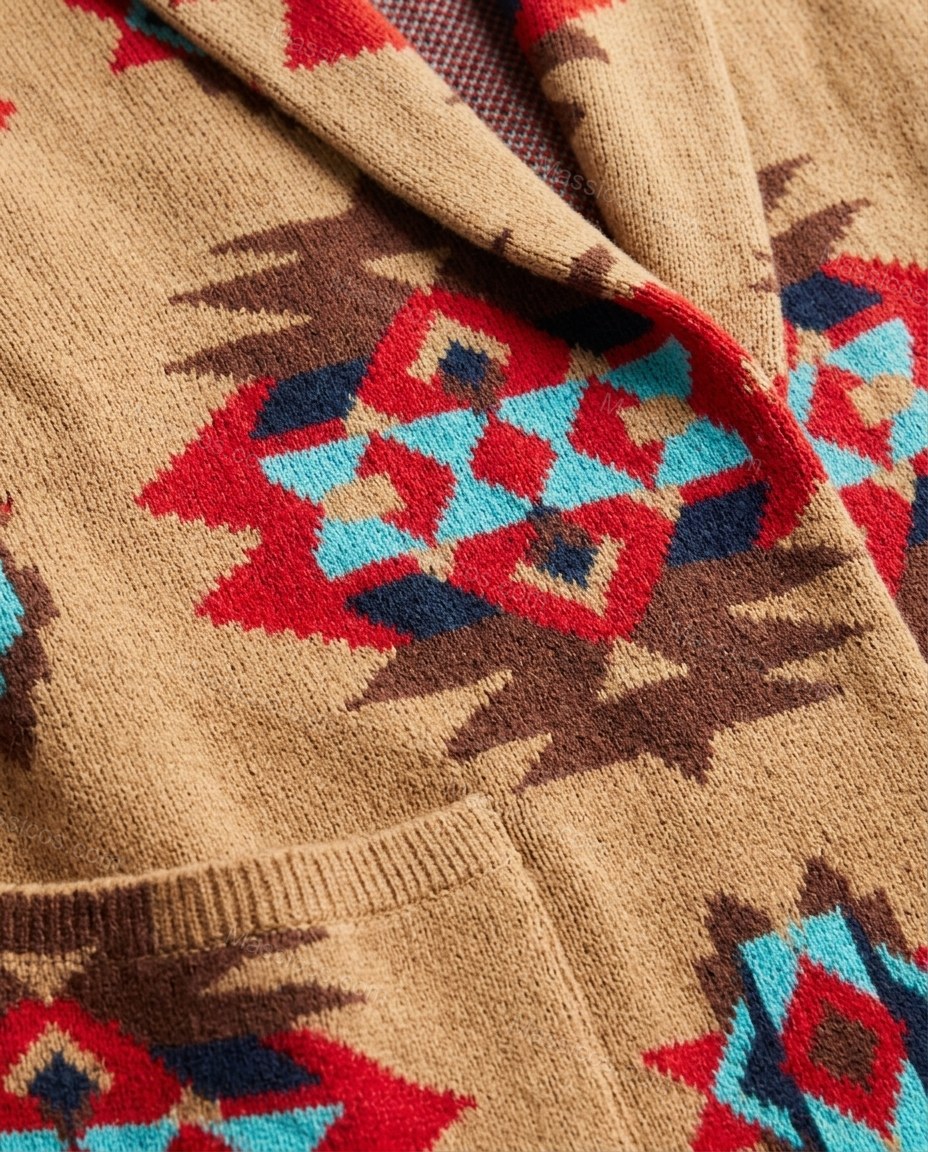 Camel Tan Geometric Knit Ribbed Cardigan, close-up of geometric, by Massicos