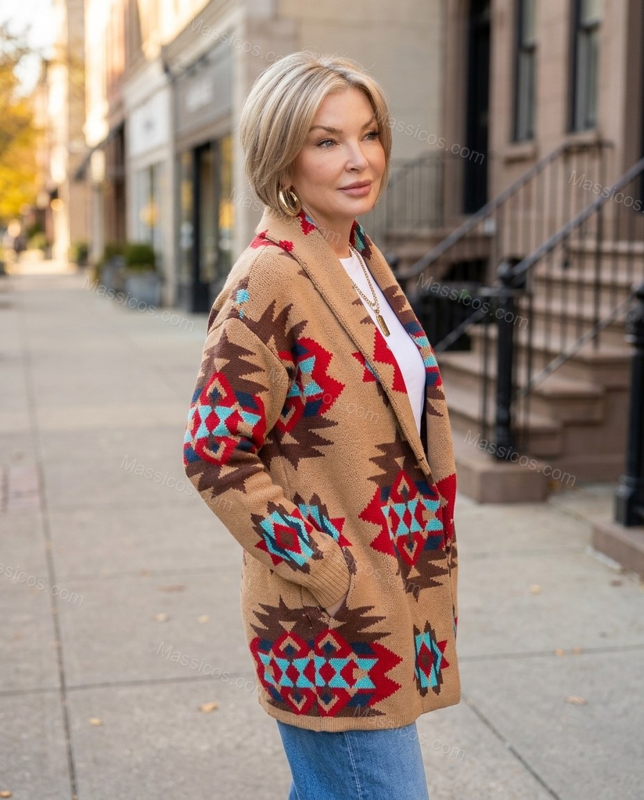 Camel Tan Geometric Knit Ribbed Cardigan, walking lifestyle view, by Massicos