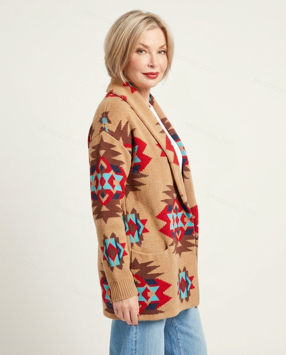 Camel Tan Geometric Knit Ribbed Cardigan, side and back studio view, by Massicos