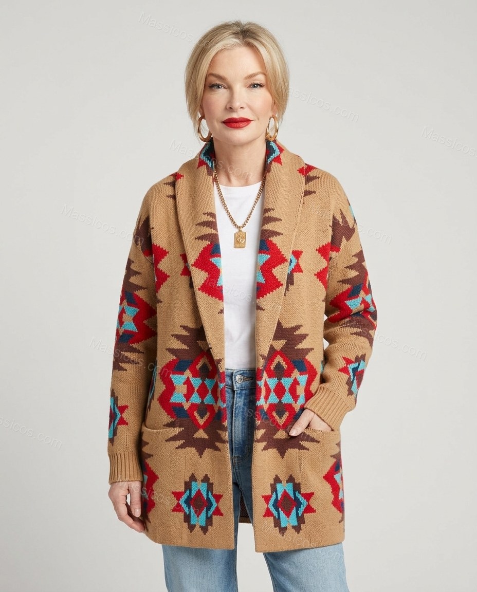Camel Tan Geometric Knit Ribbed Cardigan, front studio view, by Massicos