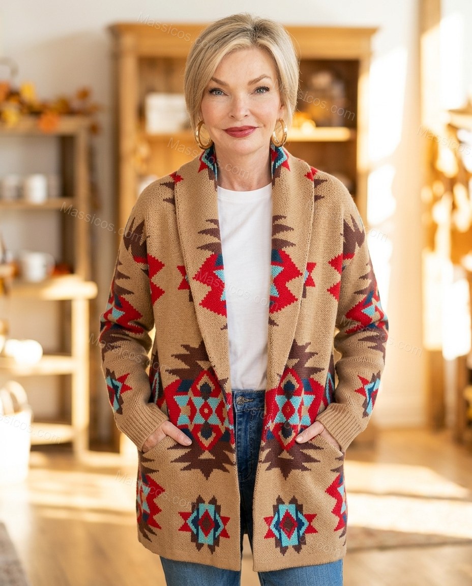 Camel Tan Geometric Knit Ribbed Cardigan, full-length hero view, by Massicos