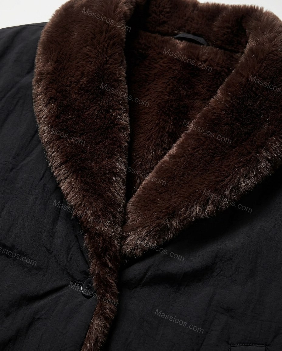 Black Jacket, close-up of dark chocolate brown plush accents, belt loops and front pockets, by Massicos