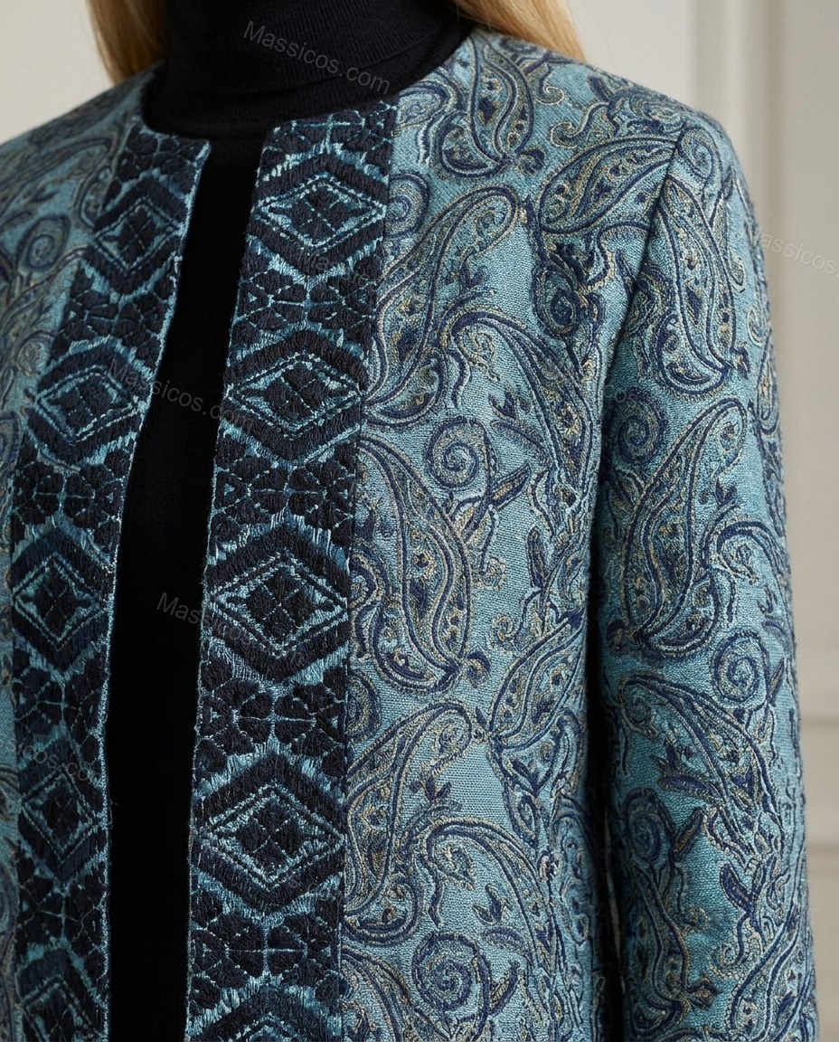 Blue Teal Paisley Outerwear, close-up of paisley, by Massicos