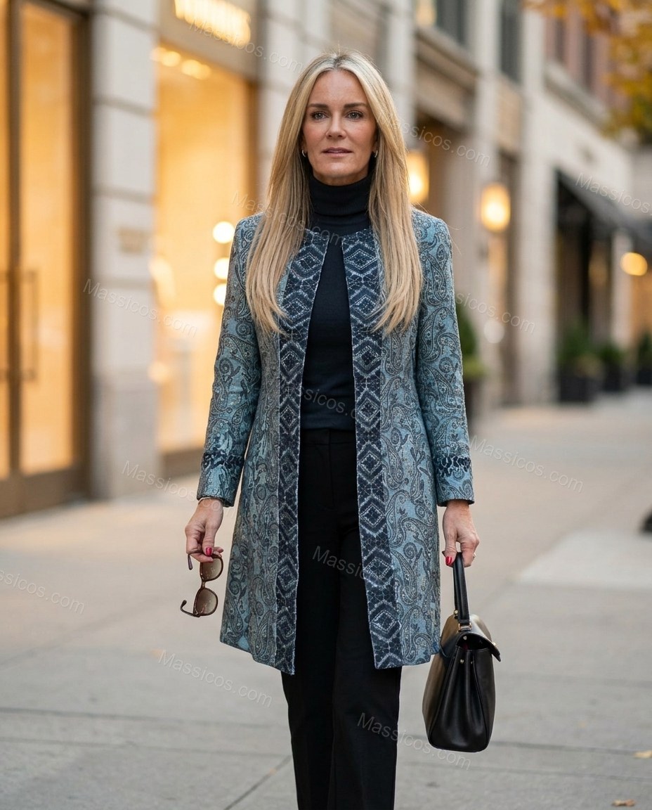 Blue Teal Paisley Outerwear, movement and fit lifestyle view, by Massicos