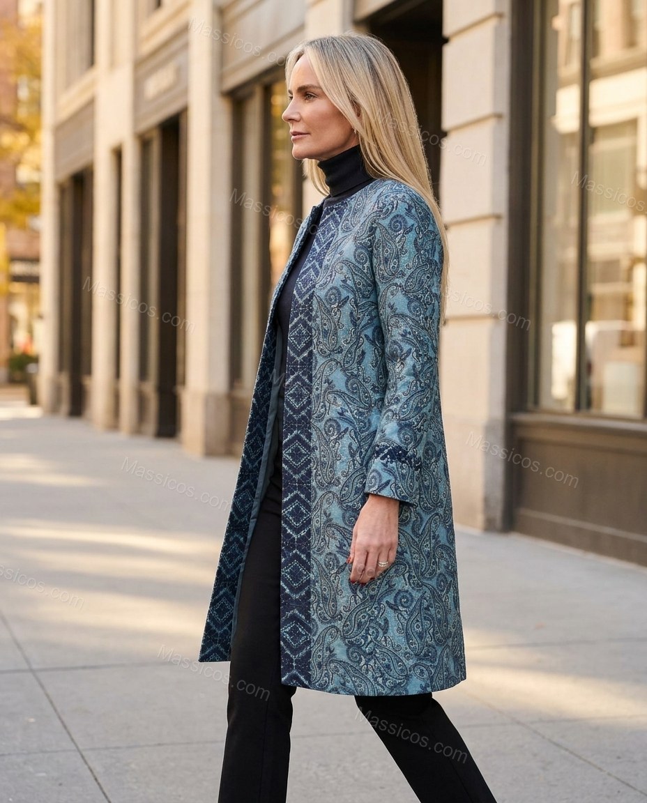 Blue Teal Paisley Outerwear, alternate use-case lifestyle view, by Massicos