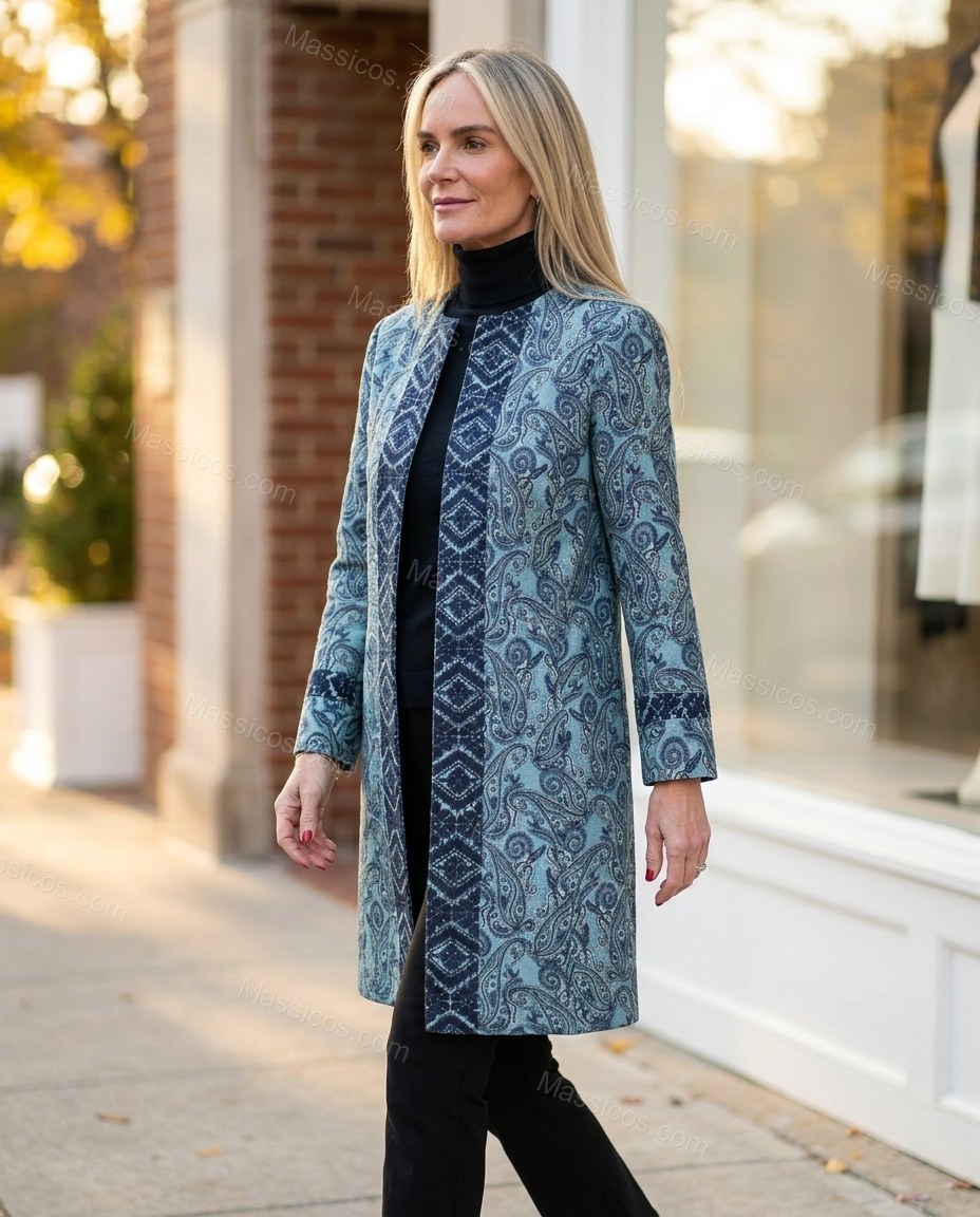 Blue Teal Paisley Outerwear, walking lifestyle view, by Massicos
