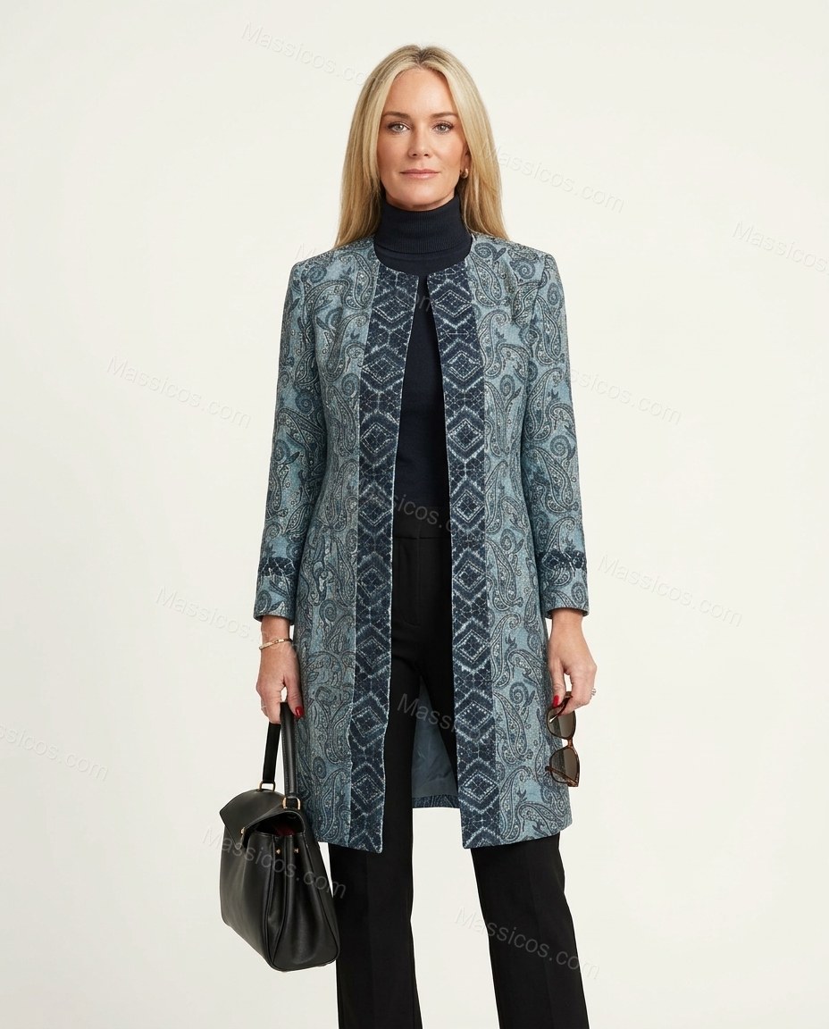 Blue Teal Paisley Outerwear, front studio view, by Massicos