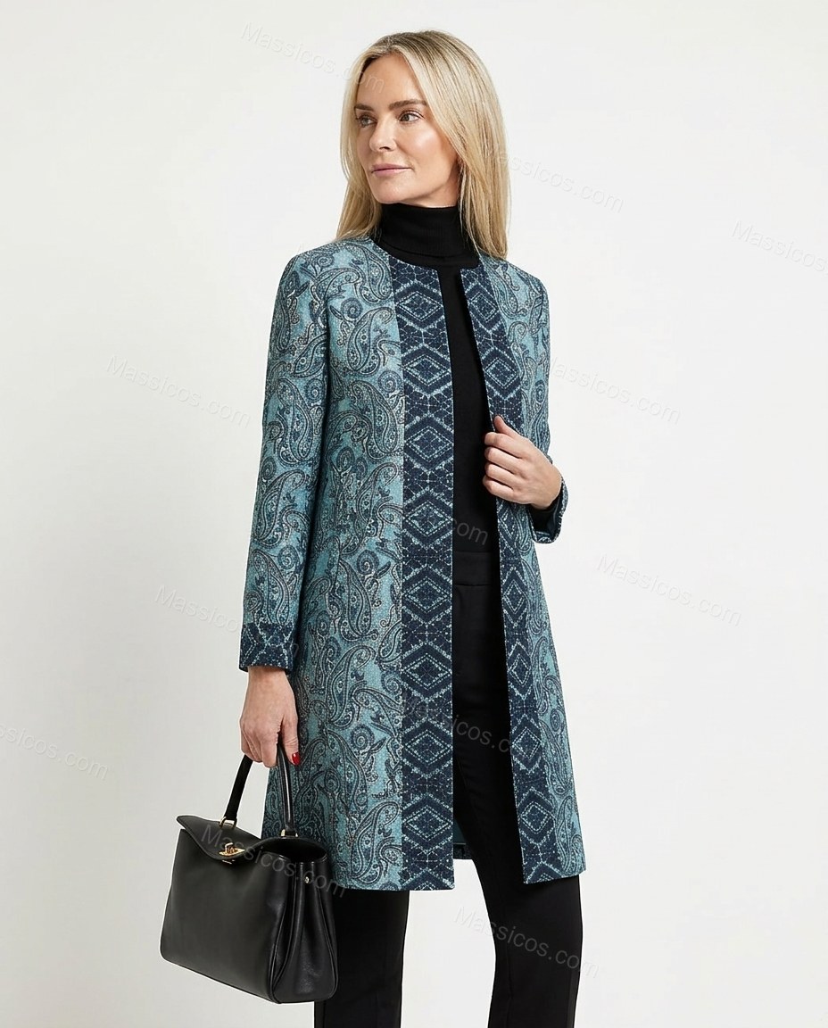 Blue Teal Paisley Outerwear, side and back studio view, by Massicos
