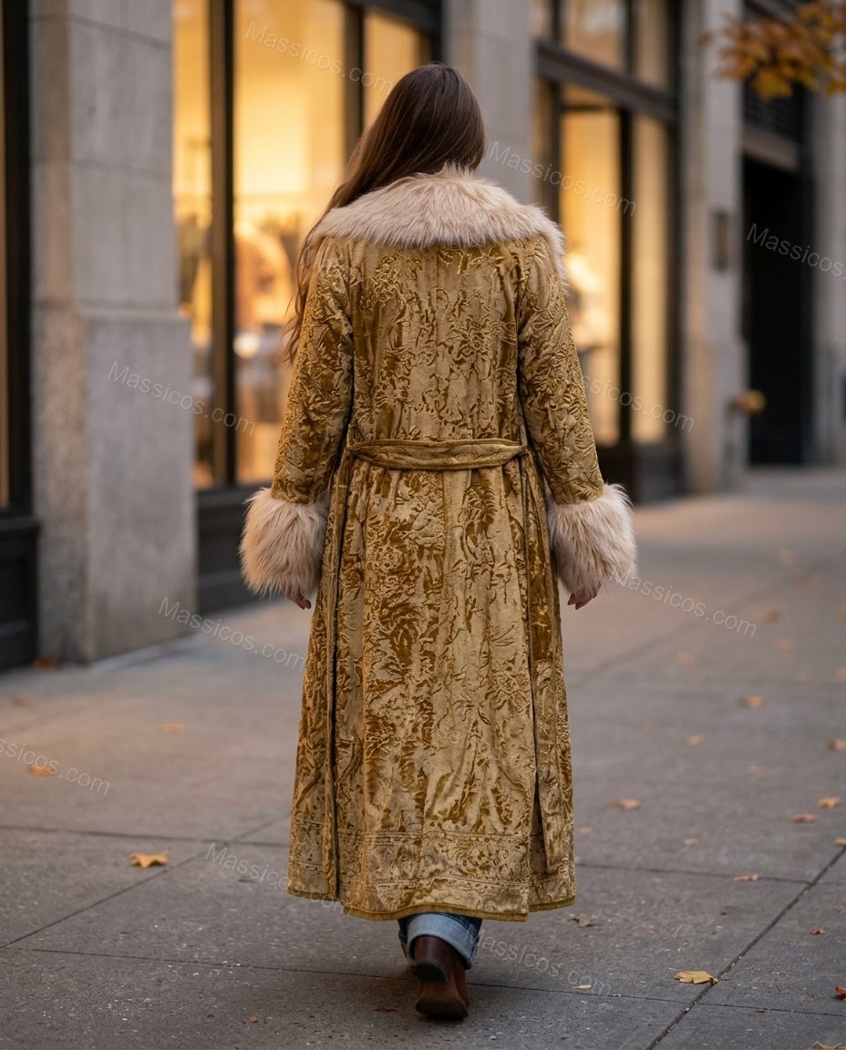 Mustard Metallic Gold Floral Coat, walking lifestyle view, by Massicos