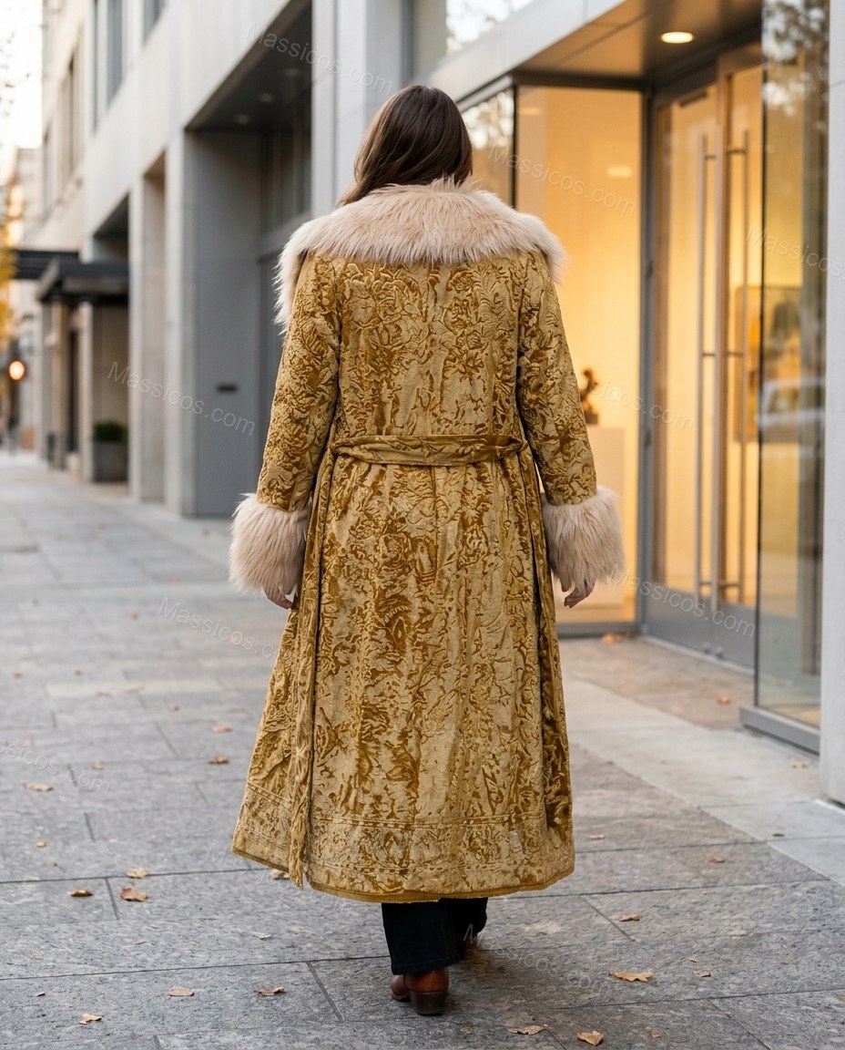 Mustard Metallic Gold Floral Coat, three-quarter brand lifestyle view, by Massicos