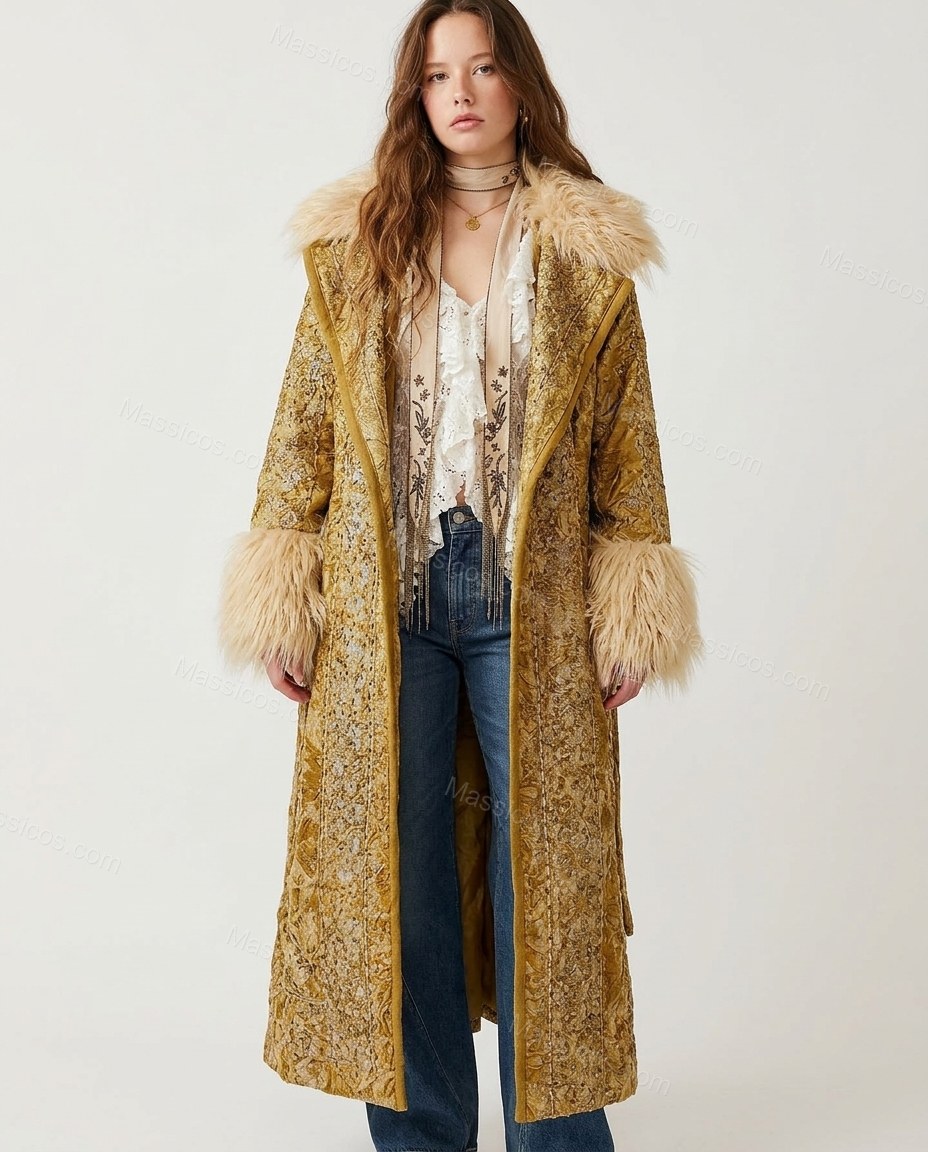 Mustard Metallic Gold Floral Coat, front studio view, by Massicos