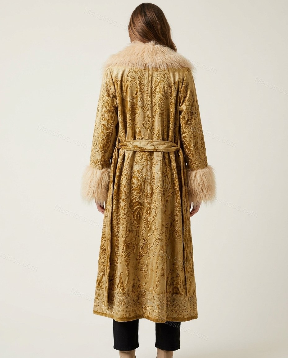 Mustard Metallic Gold Floral Coat, back studio view, by Massicos
