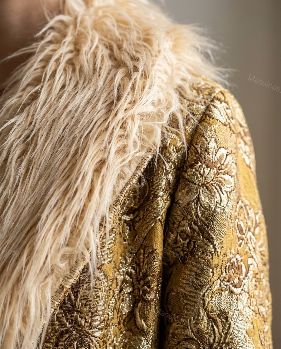 Mustard Metallic Gold Floral Coat, close-up of floral, by Massicos