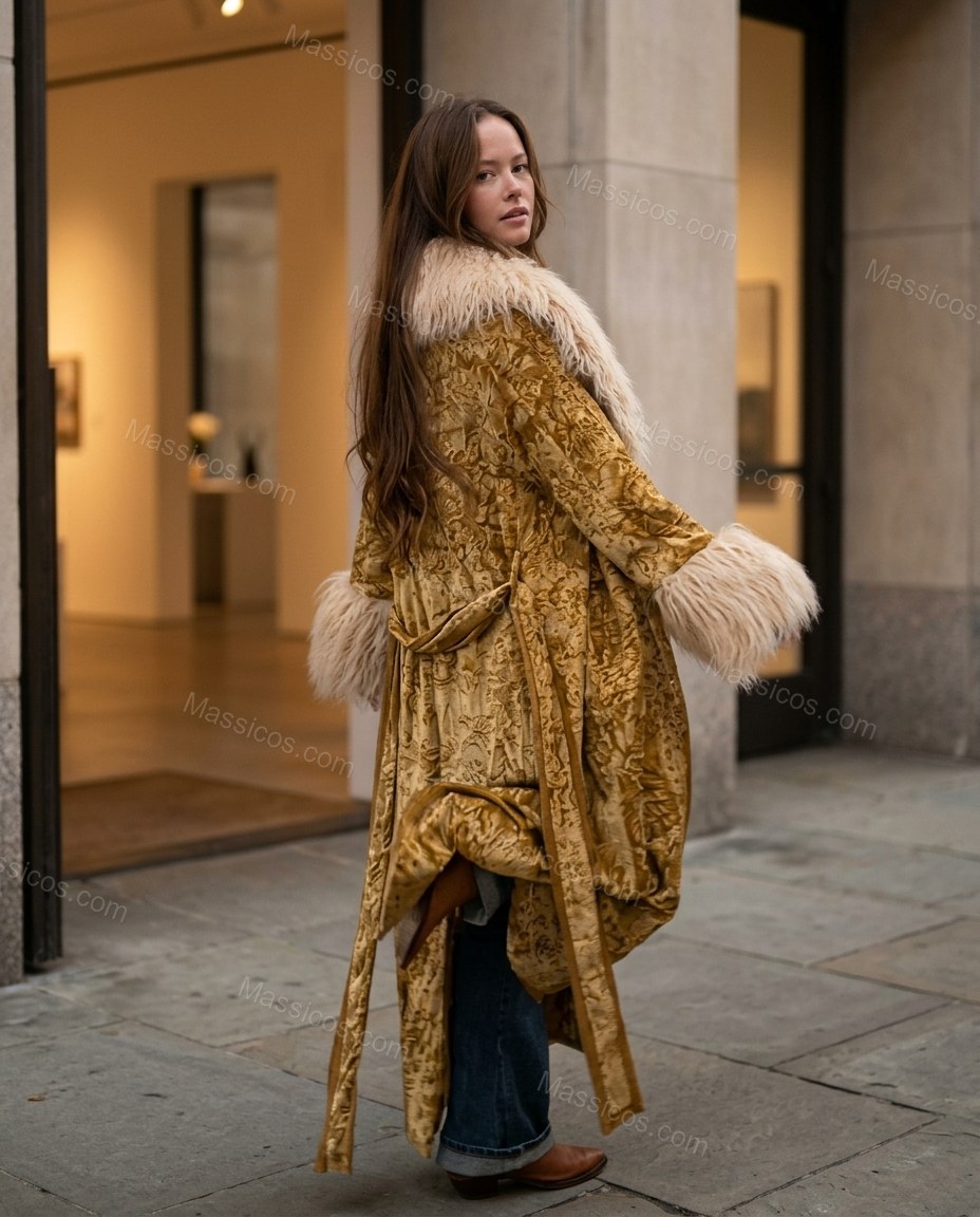 Mustard Metallic Gold Floral Coat, movement and fit lifestyle view, by Massicos