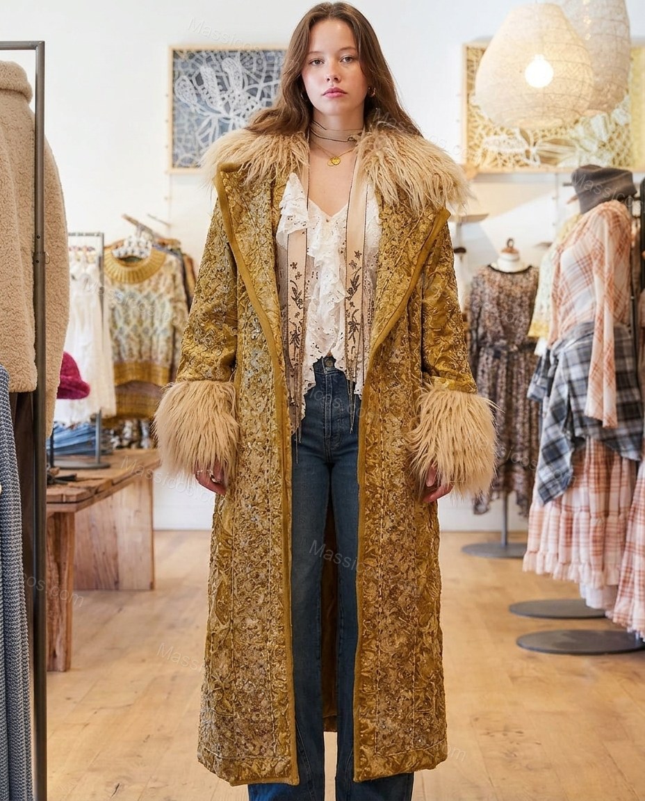 Mustard Metallic Gold Floral Coat, full-length hero view, by Massicos