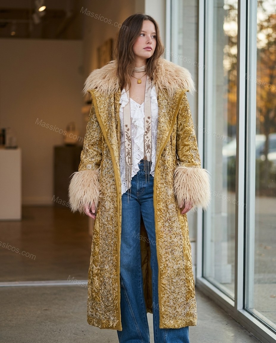 Mustard Metallic Gold Floral Coat, alternate use-case lifestyle view, by Massicos