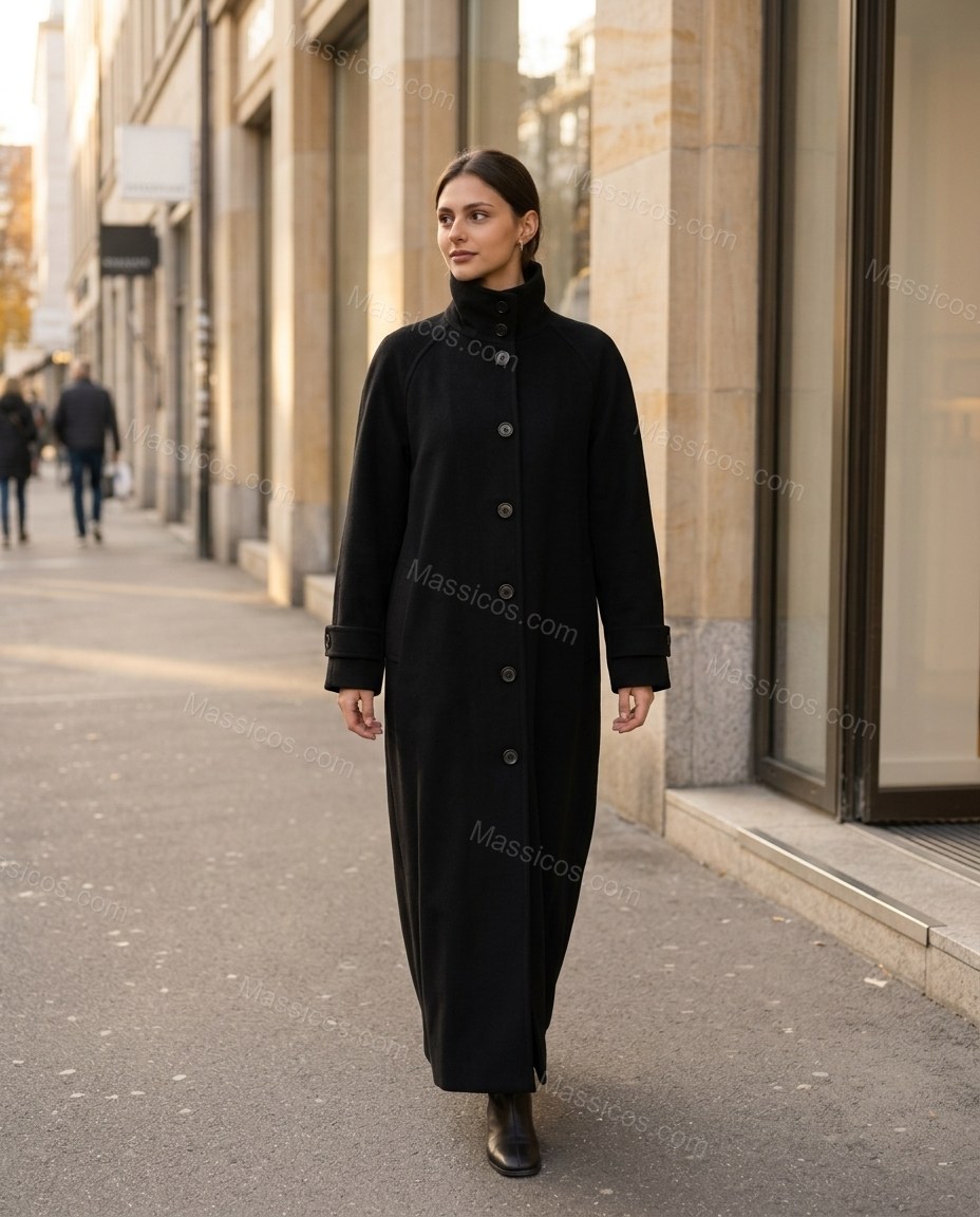 Black Coat, movement and fit lifestyle view, by Massicos