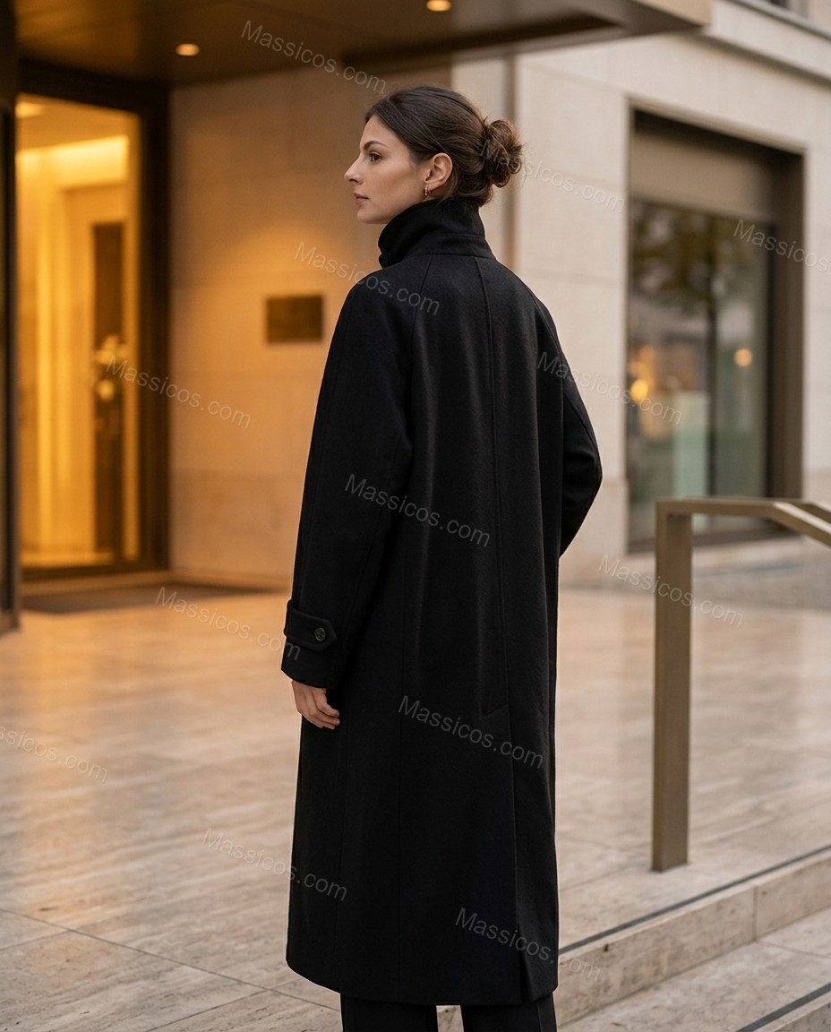 Black Coat, three-quarter brand lifestyle view, by Massicos