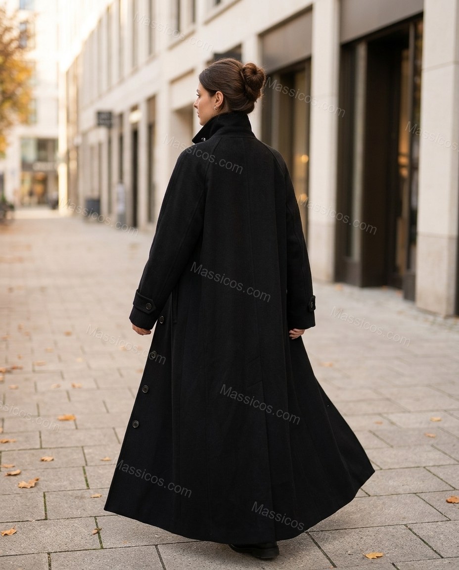Black Coat, walking lifestyle view, by Massicos