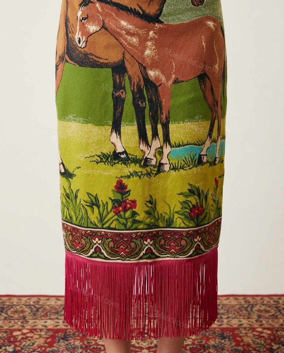 Red Pink Sunset and Green-yellow Fringe Dress, close-up of brown horses and black straps accents, spaghetti straps and fringe hem, by Massicos